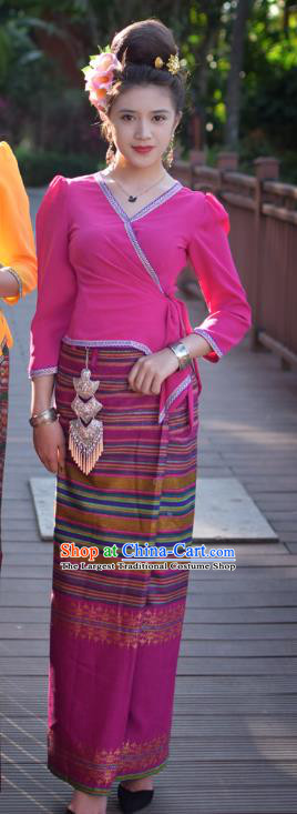 China Yunnan Ethnic Folk Dance Rosy Blouse and Skirt Uniforms Dai Nationality Informal Clothing