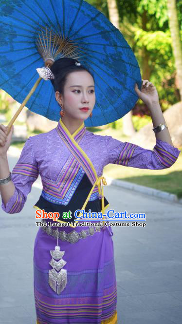 China Yunnan Ethnic Young Woman Purple Blouse and Skirt Uniforms Dai Nationality Stage Performance Clothing