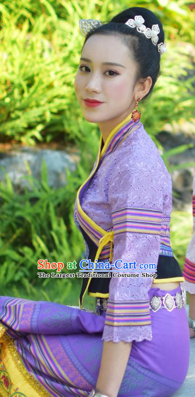 China Yunnan Ethnic Young Woman Purple Blouse and Skirt Uniforms Dai Nationality Stage Performance Clothing