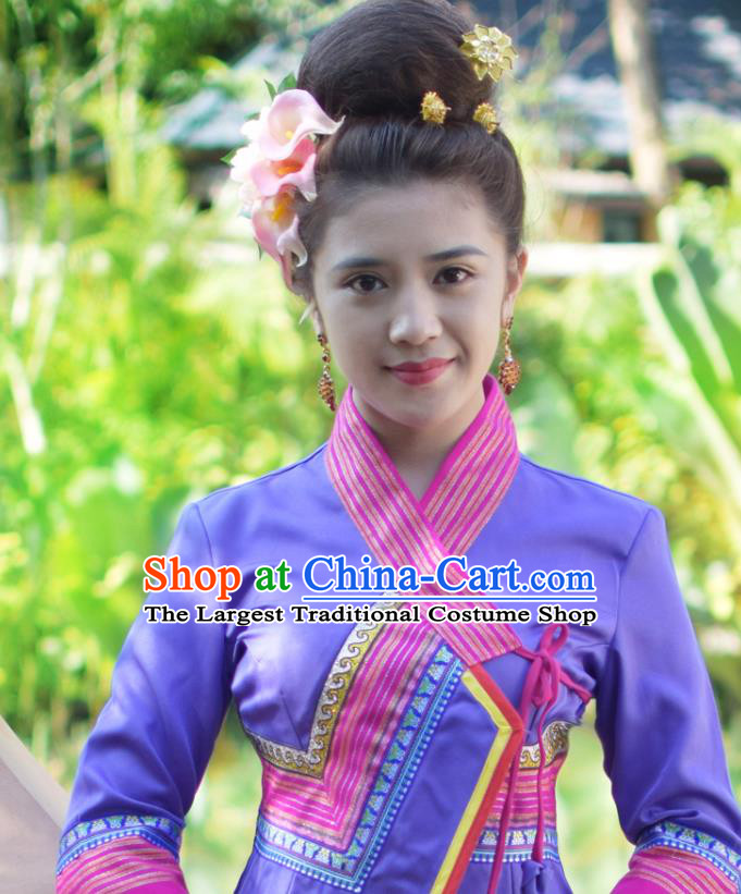 China Yunnan Ethnic Stage Show Purple Blouse and Rosy Skirt Uniforms Dai Nationality Folk Dance Clothing