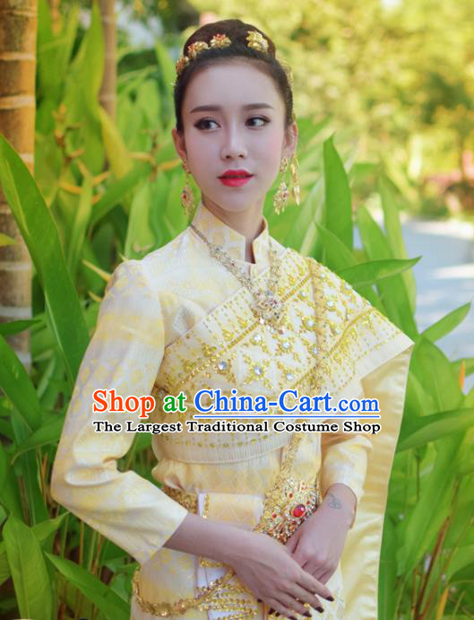 Asian Thai Court Consort Dress Clothing Traditional Thailand Performance Light Yellow Blouse and Skirt Uniforms