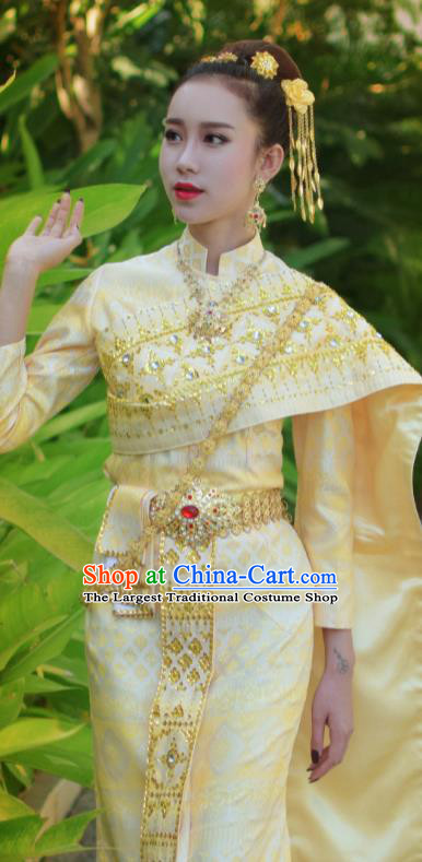 Asian Thai Court Consort Dress Clothing Traditional Thailand Performance Light Yellow Blouse and Skirt Uniforms