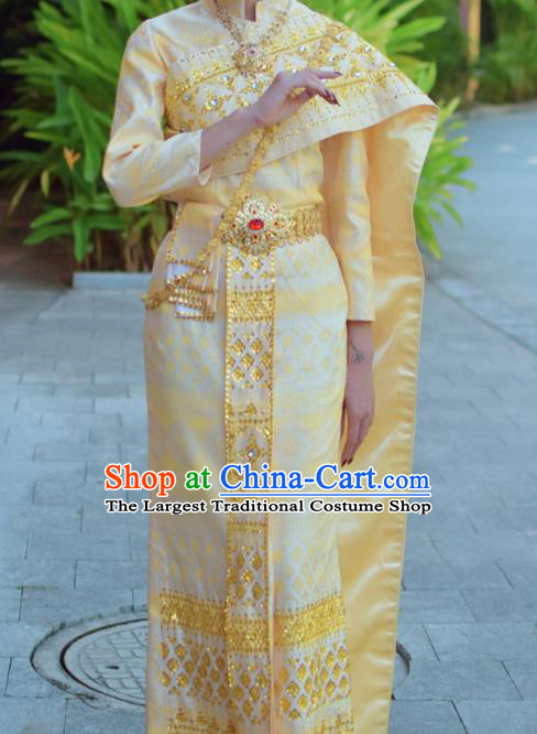 Asian Thai Court Consort Dress Clothing Traditional Thailand Performance Light Yellow Blouse and Skirt Uniforms