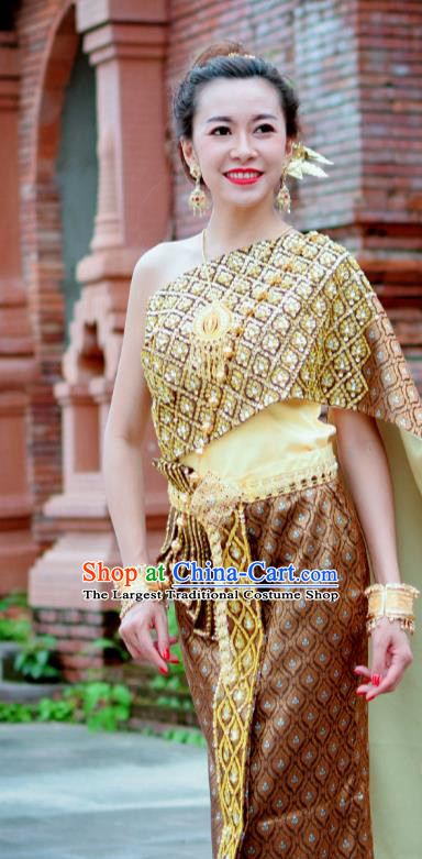 Asian Thai Court Woman Dress Clothing Traditional Thailand Imperial Concubine Wedding Top and Brown Skirt Uniforms