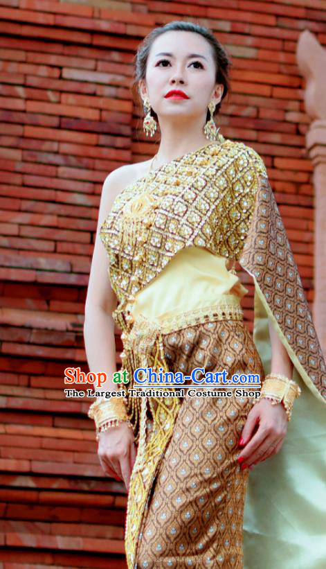 Asian Thai Court Woman Dress Clothing Traditional Thailand Imperial Concubine Wedding Top and Brown Skirt Uniforms