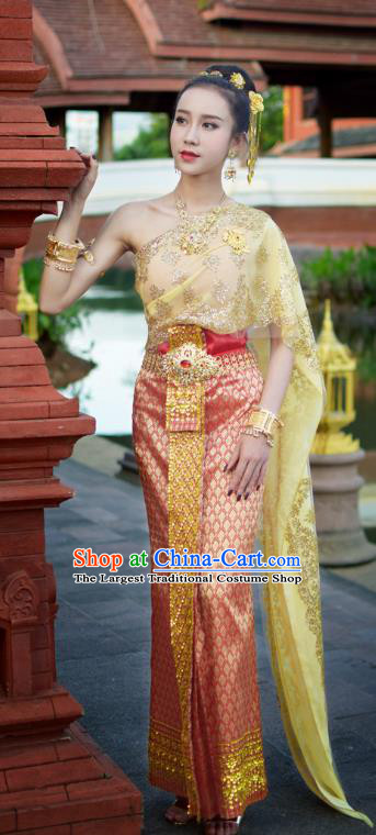 Asian Thai Imperial Concubine Dress Clothing Traditional Thailand Wedding Top and Red Skirt Uniforms