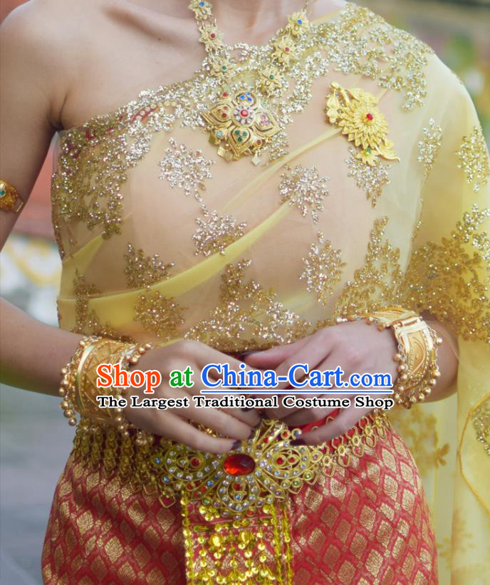 Asian Thai Imperial Concubine Dress Clothing Traditional Thailand Wedding Top and Red Skirt Uniforms