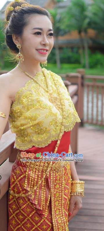 Asian Thai Wedding Imperial Concubine Dress Clothing Traditional Thailand Bride Red Top and Skirt Uniforms