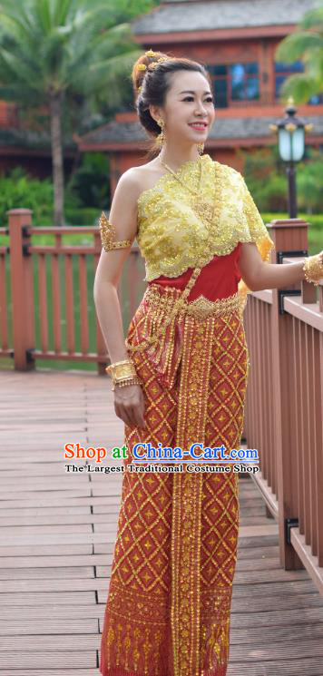 Asian Thai Wedding Imperial Concubine Dress Clothing Traditional Thailand Bride Red Top and Skirt Uniforms