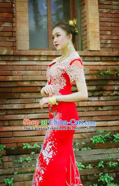 Asian Thai Bride Dress Clothing Traditional Thailand Wedding Embroidery Red Blouse and Skirt Uniforms