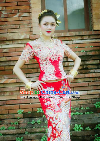 Asian Thai Bride Dress Clothing Traditional Thailand Wedding Embroidery Red Blouse and Skirt Uniforms