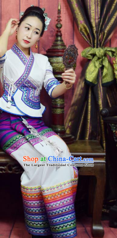 China Yunnan Ethnic Female White Blouse and Skirt Uniforms Dai Nationality Water Splashing Festival Clothing