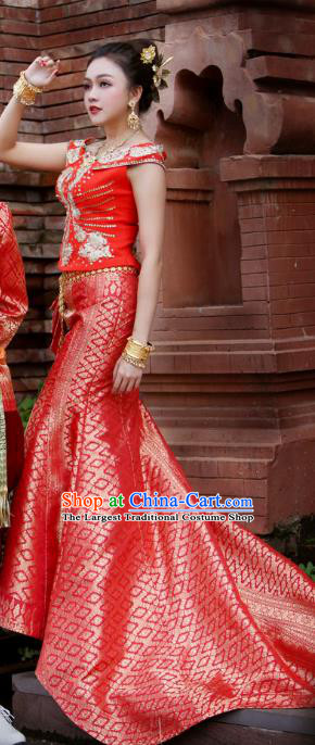 Asian Thai Bride Dress Clothing Wedding Uniforms Traditional Thailand Embroidery Sequins Red Blouse and Trailing Skirt