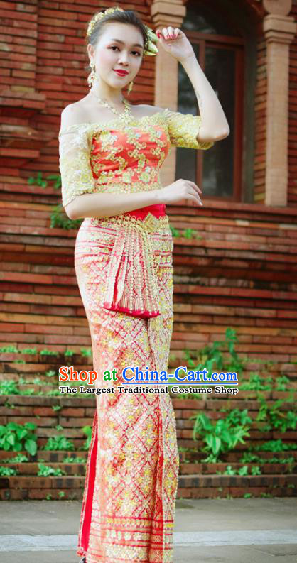 Asian Thai Wedding Uniforms Court Woman Dress Clothing Traditional Thailand Embroidery Off Shoulder Blouse and Red Skirt