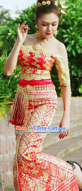 Asian Thai Wedding Uniforms Court Woman Dress Clothing Traditional Thailand Embroidery Off Shoulder Blouse and Red Skirt