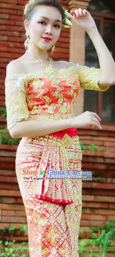 Asian Thai Wedding Uniforms Court Woman Dress Clothing Traditional Thailand Embroidery Off Shoulder Blouse and Red Skirt