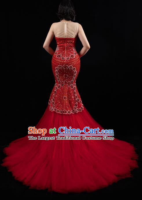 Top Grade Stage Performance Costume Beading Embroidery Full Dress Modern Dance Red Veil Trailing Dress