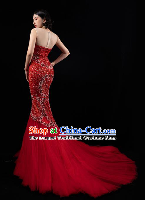 Top Grade Stage Performance Costume Beading Embroidery Full Dress Modern Dance Red Veil Trailing Dress