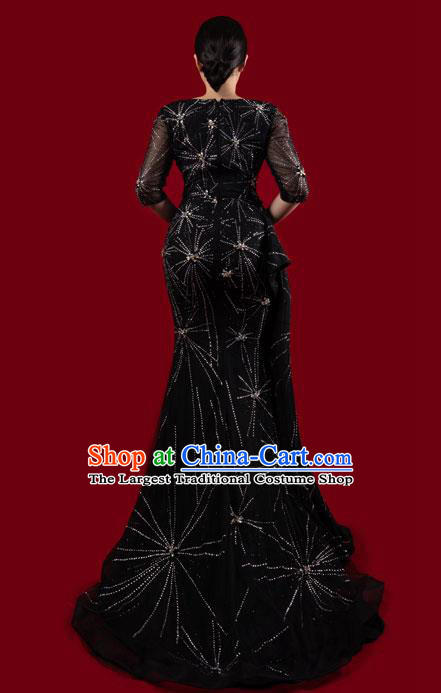 Top Grade Modern Dance Black Drilling Dress Stage Performance Costume Trailing Full Dress