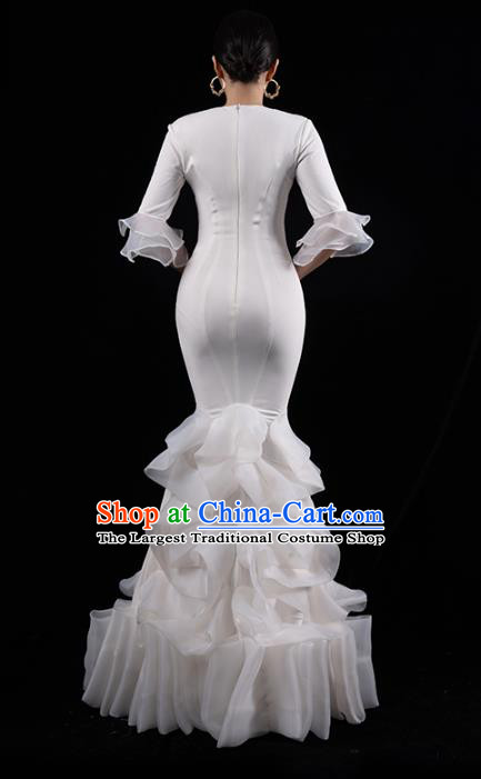 Top Grade Fishtail Dress Catwalks White Veil Dress Stage Performance Costume