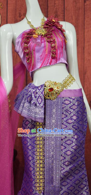 Asian Thai Rosy Blouse and Purple Trailing Skirt Traditional Thailand Court Dress Clothing Wedding Bride Uniforms