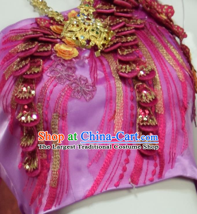 Asian Thai Rosy Blouse and Purple Trailing Skirt Traditional Thailand Court Dress Clothing Wedding Bride Uniforms