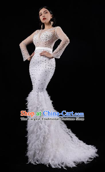 Top Grade Compere Full Dress Catwalks White Feather Trailing Dress Stage Performance Costume