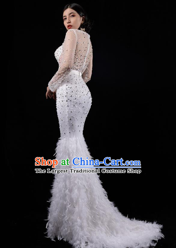 Top Grade Compere Full Dress Catwalks White Feather Trailing Dress Stage Performance Costume