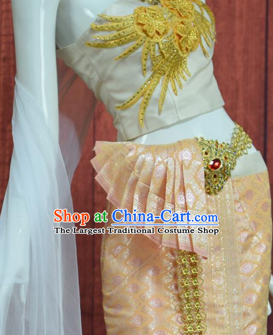 Asian Thai Wedding Bride Uniforms Embroidery White Blouse and Champagne Skirt Traditional Thailand Court Dress Clothing