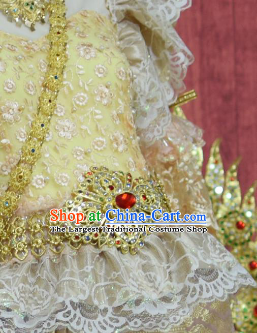 Traditional Thailand Court Dress Clothing Asian Thai Wedding Bride Uniforms Embroidery Lace Blouse and Golden Skirt