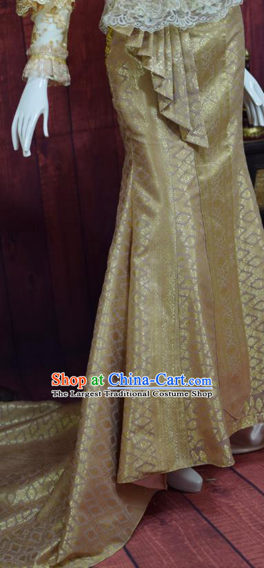 Traditional Thailand Court Dress Clothing Asian Thai Wedding Bride Uniforms Embroidery Lace Blouse and Golden Skirt