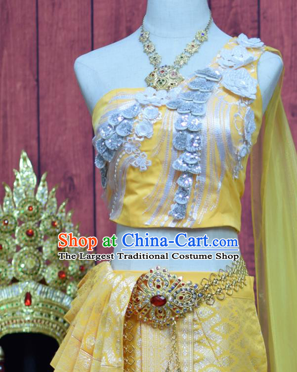 Traditional Thailand Embroidery Blouse and Yellow Skirt Court Dress Clothing Asian Thai Wedding Bride Uniforms
