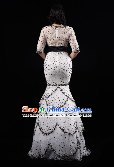 Top Grade Stage Performance Costume Catwalks White Fishtail Dress Annual Meeting Compere Layered Full Dress