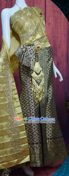 Asian Thai Wedding Bride Uniforms Traditional Thailand Embroidery Golden Blouse and Grey Skirt Court Dress Clothing
