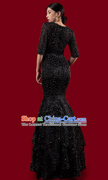 Top Grade Catwalks Black Fishtail Dress Annual Meeting Compere Layered Full Dress Stage Performance Costume