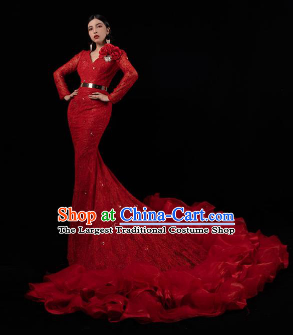Top Grade Annual Meeting Compere Full Dress Catwalks Red Veil Long Trailing Dress Stage Performance Costume