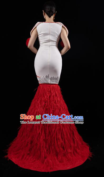 Top Grade Catwalks Red Feather Fishtail Dress Annual Meeting Compere Full Dress Stage Show Clothing