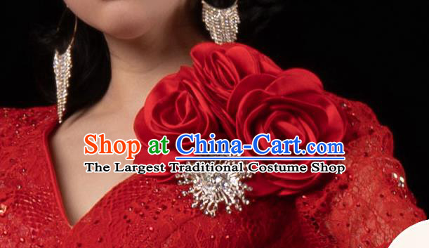 Top Grade Annual Meeting Compere Full Dress Catwalks Red Veil Long Trailing Dress Stage Performance Costume