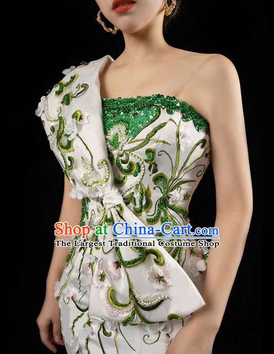Top Grade Catwalks Embroidered Trailing Dress Stage Show Compere Clothing Annual Meeting Single Shoulder Full Dress