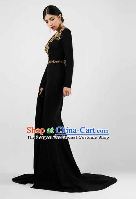 Top Grade Catwalks Embroidered Black Slim Dress Stage Show Compere Clothing Annual Meeting Trailing Full Dress