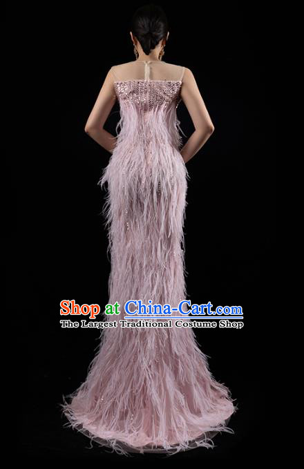 Top Grade Catwalks Pink Feather Slim Dress Stage Show Compere Clothing Annual Meeting Embroidery Sequins Full Dress