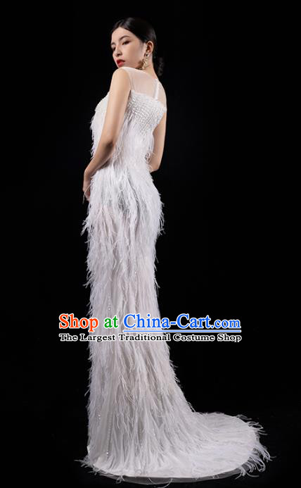 Top Grade Annual Meeting Embroidery Sequins Full Dress Catwalks White Feather Slim Dress Stage Show Compere Clothing