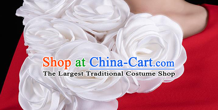 Top Grade Stage Show Compere Clothing Annual Meeting Red Full Dress Catwalks White Veil Trailing Dress