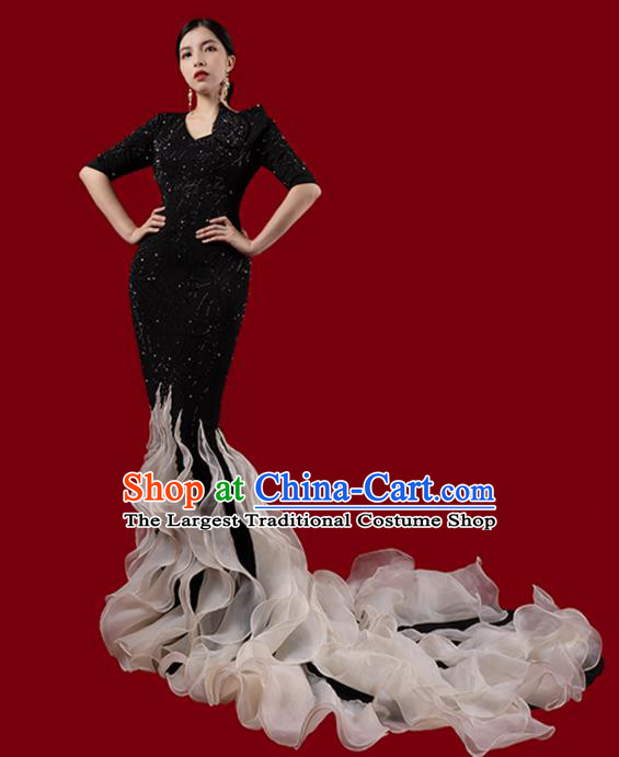 Top Grade Stage Performance Costume Annual Meeting Compere Black Fishtail Full Dress Catwalks Trailing Dress