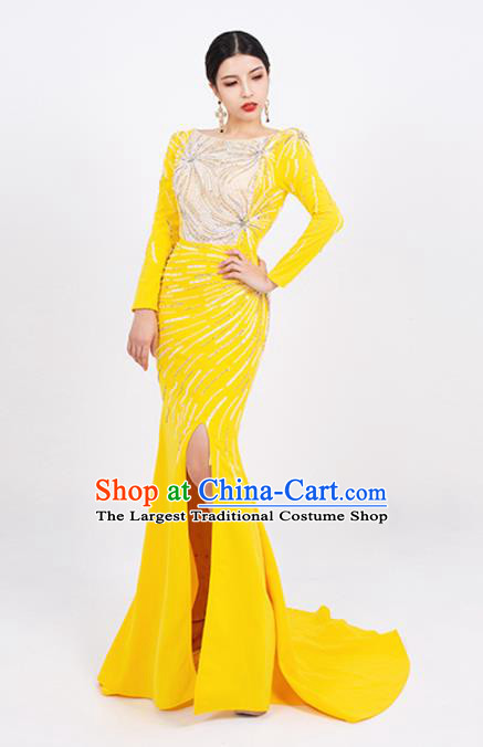 Top Grade Stage Show Clothing Annual Meeting Embroidery Beads Full Dress Catwalks Compere Yellow Trailing Dress