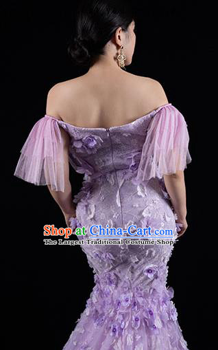 Top Grade Stage Show Clothing Annual Meeting Off Shoulder Full Dress Catwalks Compere Purple Trailing Dress