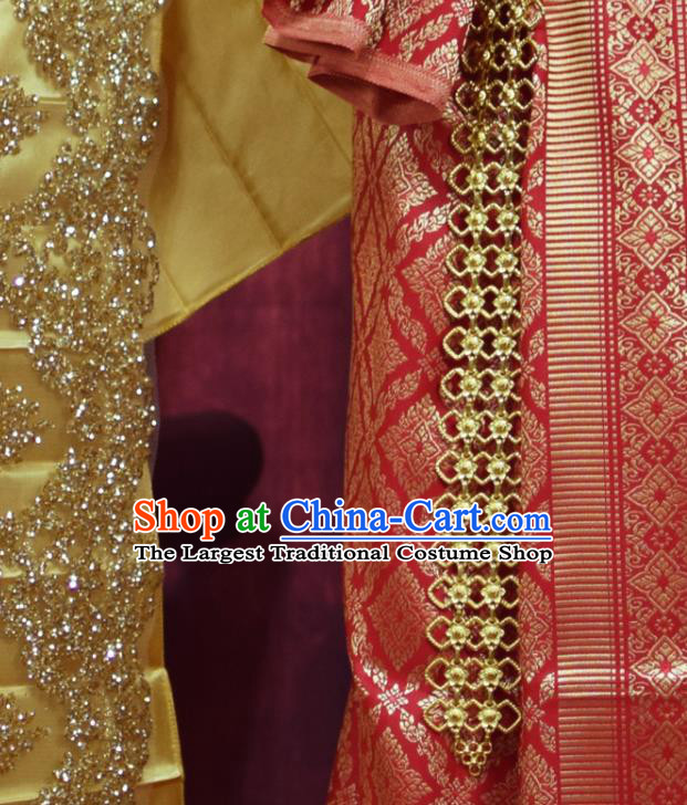 Traditional Thailand Embroidery Golden Blouse and Red Skirt Court Bride Dress Clothing Asian Thai Wedding Uniforms