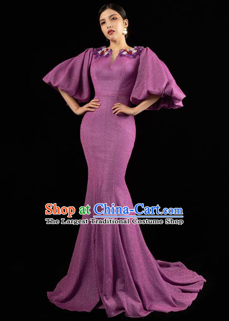 Top Grade Catwalks Purple Trailing Dress Stage Show Clothing Annual Meeting Embroidery Beads Full Dress
