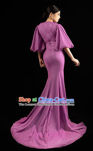 Top Grade Catwalks Purple Trailing Dress Stage Show Clothing Annual Meeting Embroidery Beads Full Dress
