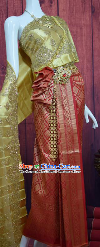 Traditional Thailand Embroidery Golden Blouse and Red Skirt Court Bride Dress Clothing Asian Thai Wedding Uniforms